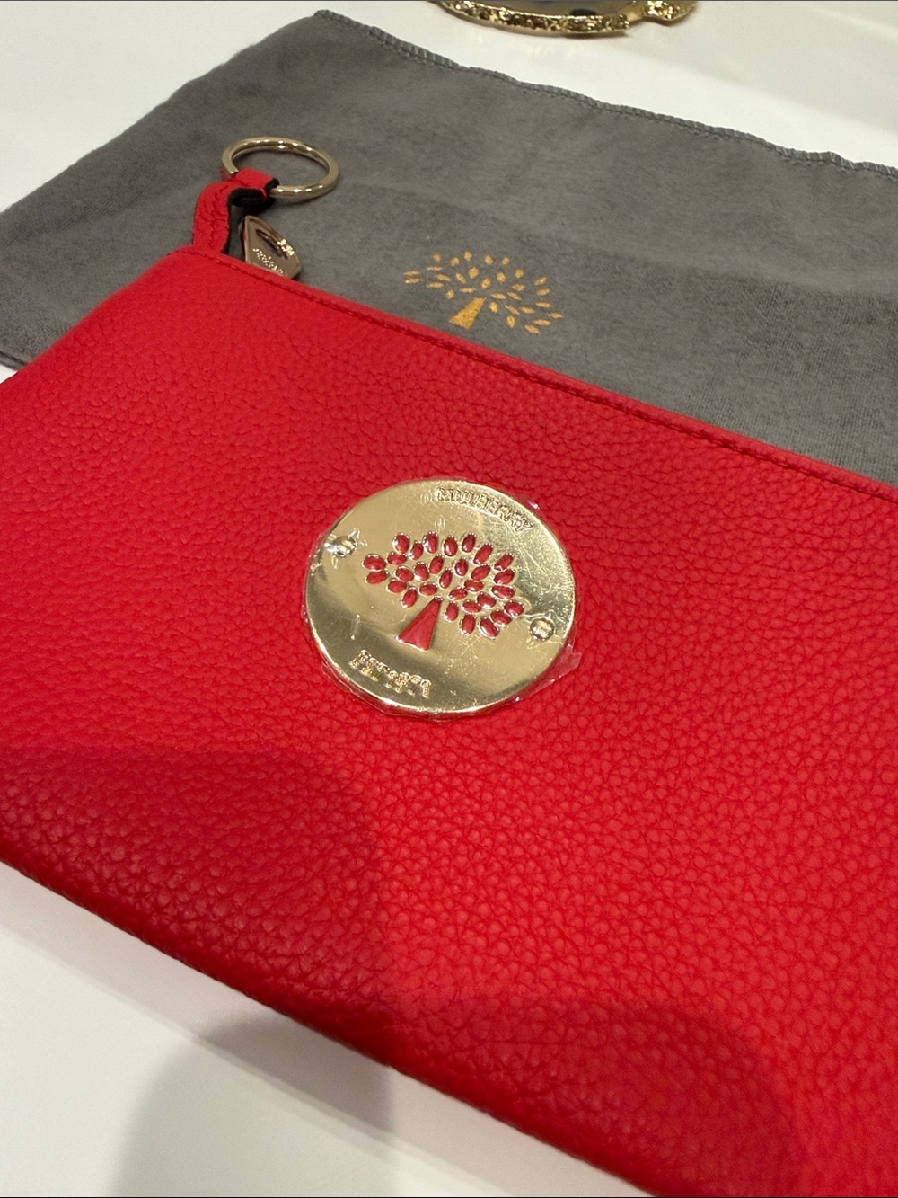 Mulberry Red Pebbled Leather Zip Pouch with Gold Tree Medallion NWOT
